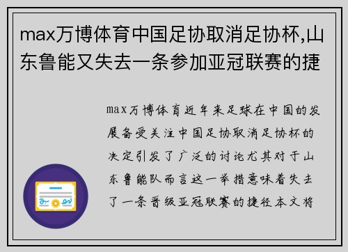 max万博体育中国足协取消足协杯,山东鲁能又失去一条参加亚冠联赛的捷径